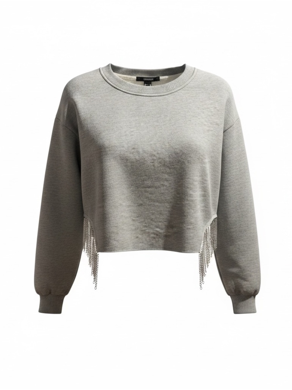 Forever 21 Light Gray Cropped Crewneck Sweatshirt with Chain Fringe